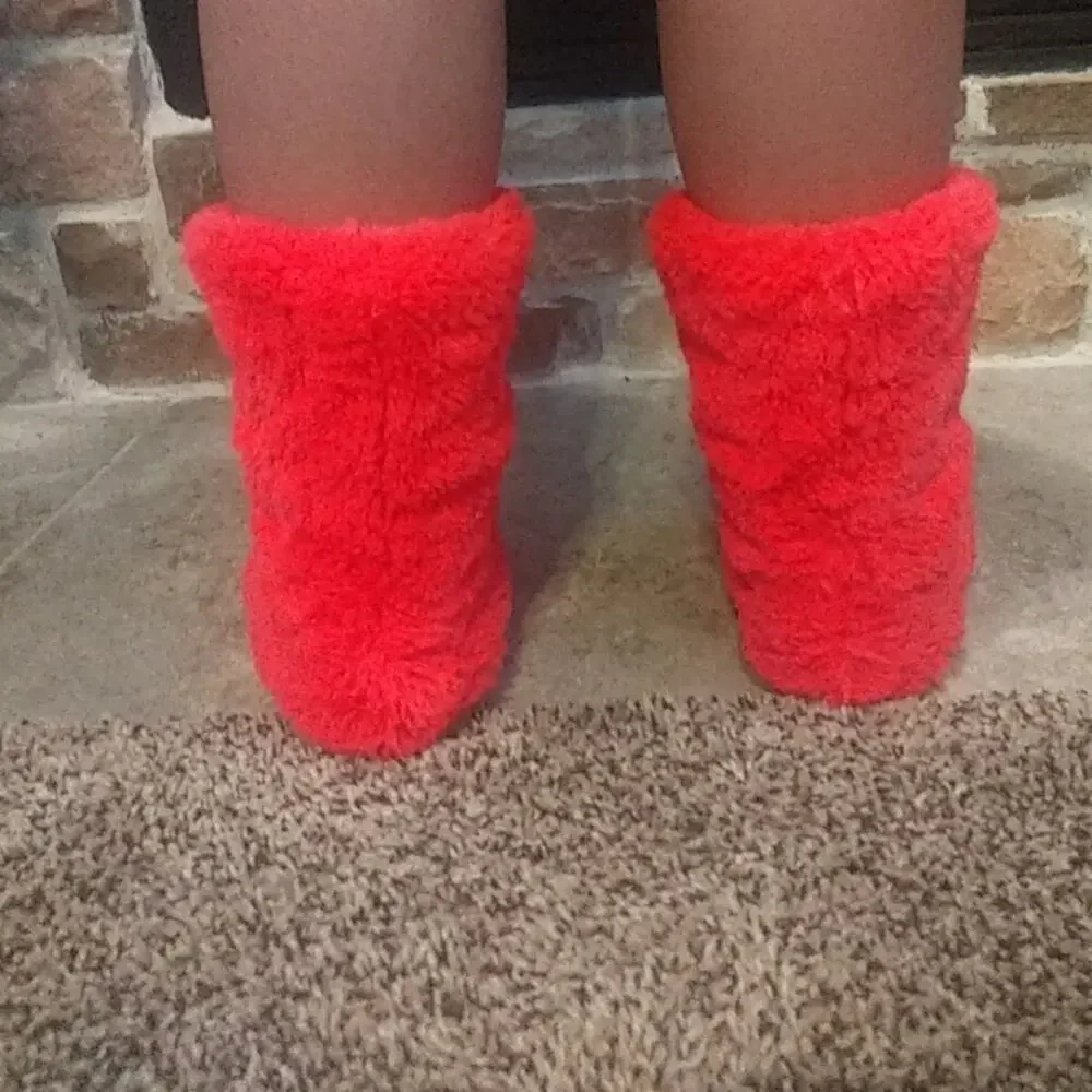 Girls Size 5/6 Bright Neon Fuzzy Slipper Boots Pom Pom House Shoes